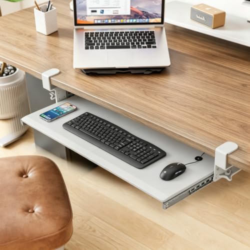 Keyboard Tray Under Desk Pull Out with Extra Sturdy C Clamp Mount System - color: White, size: 38"x 12”Keyboard Tray