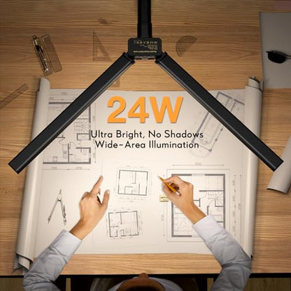 Quntis Desk Lamp for Home Office, 30.7'' Double Head Architect Desk Light with Clamp, 24W Bright 25 Lighting Modes Eye Care No Glare, Adjustable Gooseneck Task Lamp Workbench Reading Study, Gray