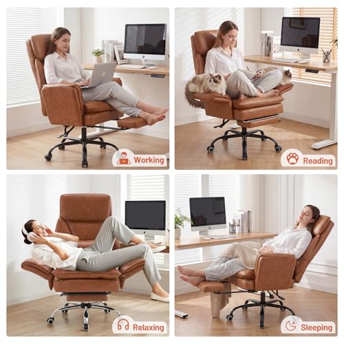Big and Tall Office Chair, Ergonomic Computer Desk Chair with Footrest, Wide Seat Reclining Gaming Chair, Flip Armrests for Cross Legged Sitting, Heavy Duty Support up to 400LBS, PU, Brown - color: Brown