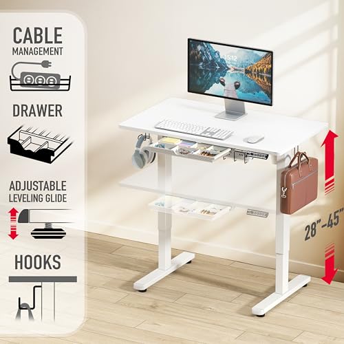 SHW 40-Inch Electric Height Adjustable Standing Desk w/Drawer, White - color: White, size: 40-Inch
