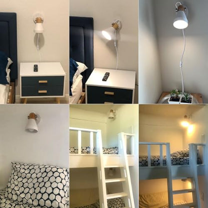Modern Plug-in Wall Sconces, Matte White | Adjustable Reading Light, Natural Wood Accent, For Bedroom, Living Room, Home Office - color: Matte White+Wood Accent