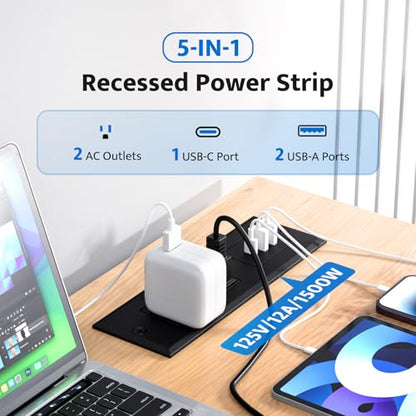 Recessed Power Strip with 20W USB C Port, Fast Charging USB A Port Conference Recessed Outlet, Space-Saver for Furniture Side Table, End Table, Desk Outlet with 6ft Cord, 45° Thin Flat Plug, Black