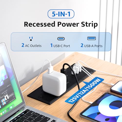 Recessed Power Strip with 20W USB C Port, Fast Charging USB A Port Conference Recessed Outlet, Space-Saver for Furniture Side Table, End Table, Desk Outlet with 6ft Cord, 45° Thin Flat Plug, Black