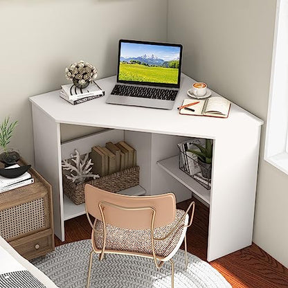 HOMGX Corner Computer Desk, Triangle Desk with Storage Shelves, Small Corner Desk for Small Spaces, Corner Vanity Desk for Home, Bedroom, Living Room, Office (White)