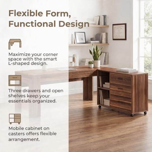 Tribesigns L Shaped Executive Desk with Drawers,Light Walnut | Large Office Desk with Rolling File Cabinet Combo,Home Office Computer Desk,Wooden Desk with Long Front Baffle - color: Light Walnut