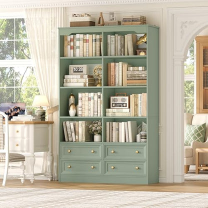 71" Tall Bookshelf with 4 Drawers Large Bookshelf Office Bookcase | 6-Tier Double Wide Bookshelves and Bookcases with Storage, Tall Bookshelf Standing Book Cabinet for Home Office, Green - color: Green