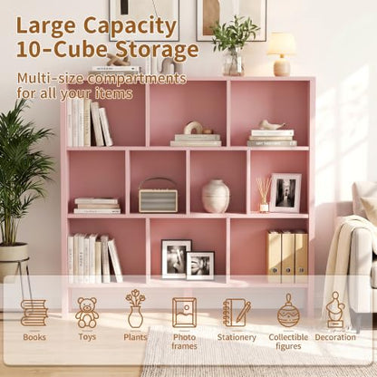 KIGOTY 10 Cube Modern Bookcase, 3-Tier Open Storage Organizer, Freestanding Bookshelf with Legs, Narrow Bookcase for Living Room, Bedroom & Office (Pink) - color: Pink