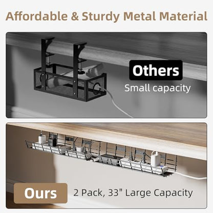 2 Pack DELAMU Under Desk Cable Management Tray, Large Metal Cord Organizer, Office & Home Cord Wire Management Under Desk Shelf, Easy Install Pre-drilled Cable Organizer, Black