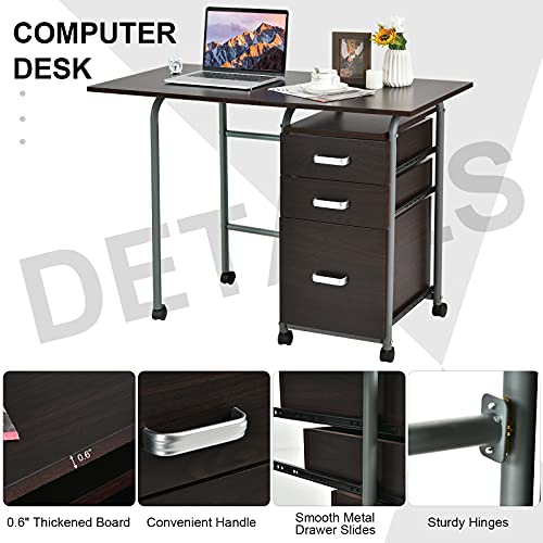 Tangkula Folding Computer Desk with 3 Storage Drawers, Mobile Home Office Desk Study Writing Desk with Smooth Wheels, Space Saving Compact Desk for Dorm Apartment, Rolling Folding Desk Table - color: Brown