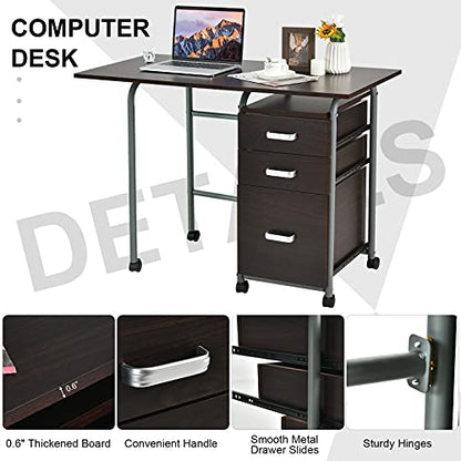 Tangkula Folding Computer Desk with 3 Storage Drawers, Mobile Home Office Desk Study Writing Desk with Smooth Wheels, Space Saving Compact Desk for Dorm Apartment, Rolling Folding Desk Table - color: Brown