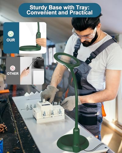 12X Magnifying Glass with Light and Stand, Real Glass, LED 5 Color Modes, Brightness Stepless Dimming Lighted Magnifier Hands Free, Flexible Gooseneck Desk Lamp with Clamp for Close Work, Craft, Green - color: Green