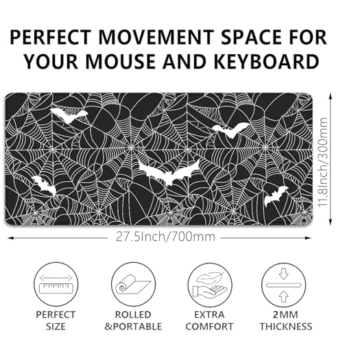 Black Spider Web Desk Pad Mouse Pad,Large Gaming Bat Mouse Mat with Stitched Edges,Non-Slip Waterproof Rubber Base Mousepad for Office Work Home Desk Mat(27.5X11.8 in) - color: Spider Webs and Bats