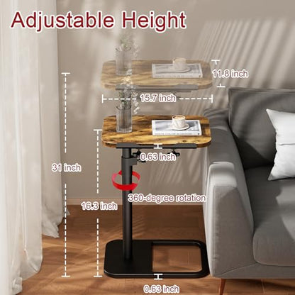 Tv Tray Table Adjustable Height Couch Side Table, Tilt Angle Adjustments-360° Swivel/180° Flip-Over Panel C-Shaped End Table With Tablet Slot, Computer Desk for Chair, Living Room (Rustic Brown) - color: Rustic Brown, style: Angle Tilt