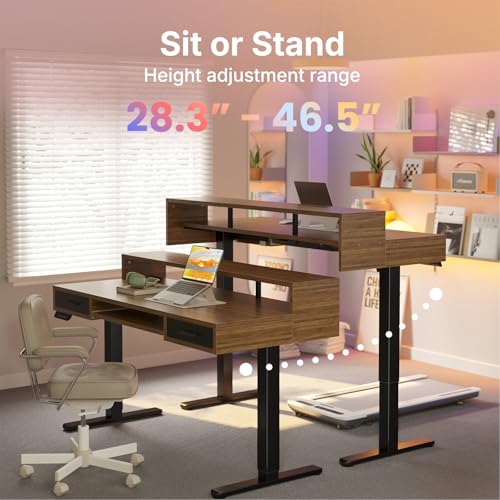 HUANUO 55″ x 26″ Electric Standing Desk with 2 Drawers &24.4″ Large Keyboard Tray, C-Clamp Mount Compatible, Adjustable Computer Desk for Office, Sit Stand Up Desk with 4 Height Presets, Deep Walnut - color: Deep Walnut, size: 55*26 inch