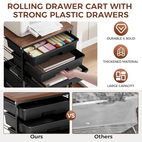 SYKIARIOL 5-Tier Rolling Cart with Drawers with Wooden Top, Black - color: Black