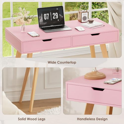 FOTOSOK Writing Desk with 2 Drawers, Small Cute Desk Makeup Vanity Table | Wood Computer Desk with 4 Solid Oak Legs, Home Office Desk & Study Table, Mid Century Desk for Bedroom Small Spaces, Pink - color: Pink