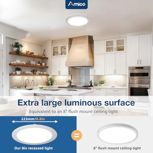 Amico 12 Pack 8 Inch LED Recessed Lighting, Canless Wafer Downlight, White | 5CCT 2700K-5000K, 5%-100% Dimmable, Ultra-thin, Metal housing, 1600LM 18W 120V, IC & Damp Rated, ETL & FCC, 50000h Life Span - color: White, size: 8 Inch