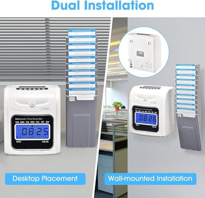 Electronic Time Clock Attendance Machine, LCD Display, Automatic Time Calibration, Wall-Mounted Desktop Employee Attendance Punch Time Clock Recorder (Time Systems + Card Rack)