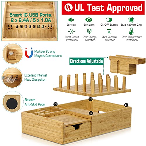 Bamboo Charging Station for Multiple Devices - Darfoo Wood Charging Dock Organizer with Drawer, 7 USB Charging Ports Compatible with Cell Phones, Tablet, Smart Watch & Earbud