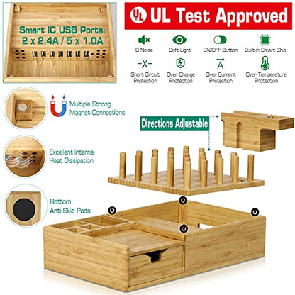 Bamboo Charging Station for Multiple Devices - Darfoo Wood Charging Dock Organizer with Drawer, 7 USB Charging Ports Compatible with Cell Phones, Tablet, Smart Watch & Earbud