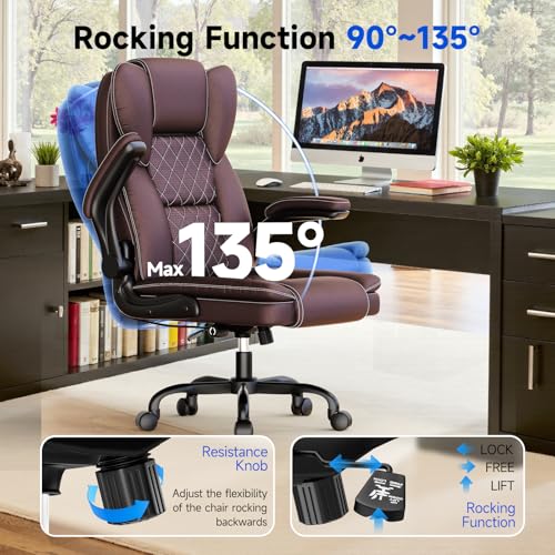 naspaluro Ergonomic Office Chair, Executive PU Leather Chair, Computer Desk Chair with Adjustable Lumbar Support Flip-up Arms, Executive Task Chair, Office Chairs for Home Office, Big and Tall, Brown - color: Brown