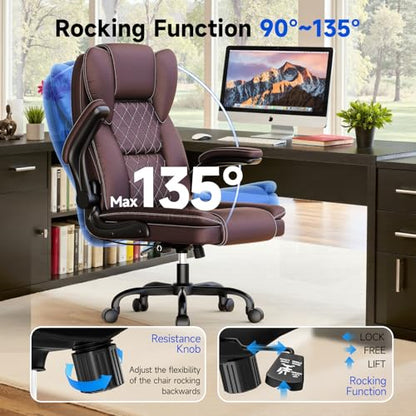 naspaluro Ergonomic Office Chair, Executive PU Leather Chair, Computer Desk Chair with Adjustable Lumbar Support Flip-up Arms, Executive Task Chair, Office Chairs for Home Office, Big and Tall, Brown - color: Brown