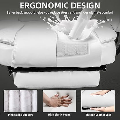 Reclining Office Chair with Footrest, Big and Tall Home Office Desk Chairs 400lbs with High Back, Criss Cross Wide Seat, Heavy Duty Base, Pu Leather, White - color: White