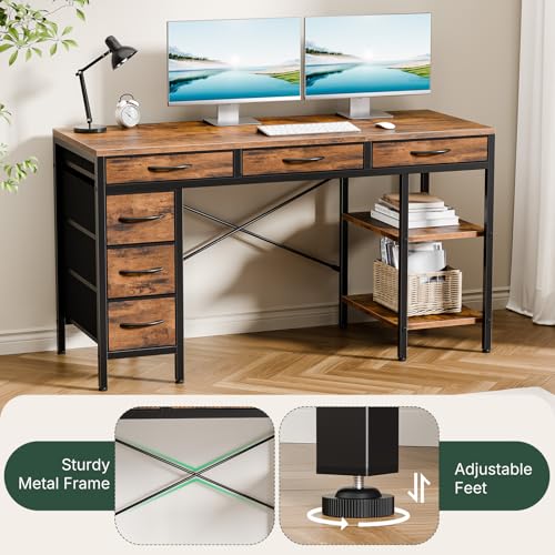 55" Computer Desk with 6 Drawers,Storage Shelves - color: Brown, size: 55-in