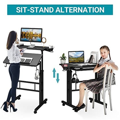 Klvied Adjustable Height Standing Desk with Cup Holder, Portable and Easy to Move, Ideal for Home or Office, Black - color: Black