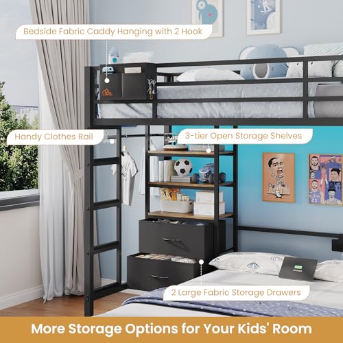 DICTAC Twin Over Full Bunk Bed with 4 Storage Drawers and 3-Tier Open Bookshelf Metal Bunk Bed with LED Lights,Charging Station and Pegboard,L-Shaped bunk Beds with Safety Guardrail and Ladder,Black - color: Black, size: Twin Over Full