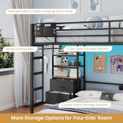 DICTAC Twin Over Full Bunk Bed with 4 Storage Drawers and 3-Tier Open Bookshelf Metal Bunk Bed with LED Lights,Charging Station and Pegboard,L-Shaped bunk Beds with Safety Guardrail and Ladder,Black - color: Black, size: Twin Over Full