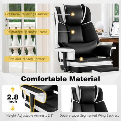 Heavy Duty Office Chair with Footrest High Back, PU Leather Office Chair with with Adjustable Lumbar Support, Reclining Computer Desk Chair with Adjustable Height, Adjustable Armrests, Black White - color: Black&white