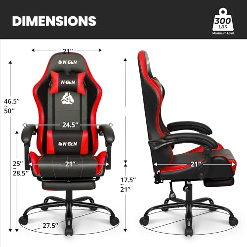 N-GEN GAMING Gaming Chair with Footrest, Lumbar, High-Back, Red Black | Reclining Backrest, Linkage Armrests, Durable PU Leather, Adjustable Comfort for Extended Computer, Desk, or Home Office Use - color: Red Black