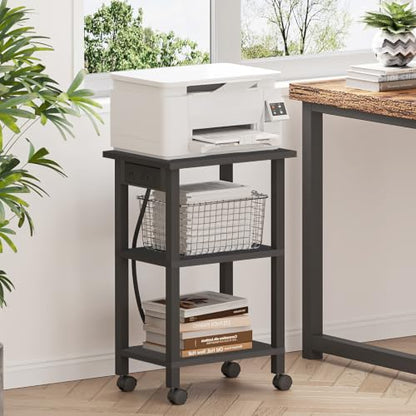 TUTOTAK Printer Stand, 3 Tier Rolling Printer Cart with Charging Station | Small Under Desk Printer Table with Wheels for Small Space, Office, Home, Black PS01BK001 - color: Black, size: 3 tier(15.7 x 11.8 x 23.6inchs)