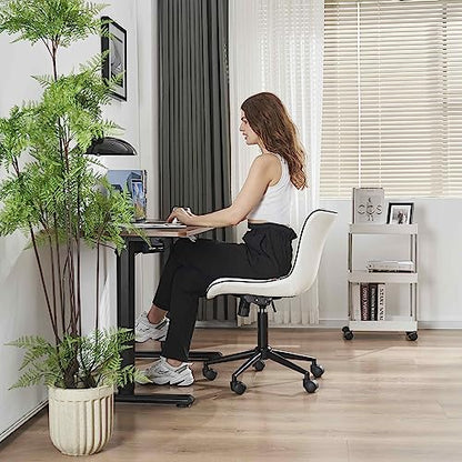 YOUNIKE Office Desk Chair with Wheels Armless Vanity Chair Modern White | Faux Leather Upholstered with Rocking Back, Swivel Height Adjustable Small Cute Computer Rolling Task Chair Ergonomic 300lb - color: White, size: Base Black