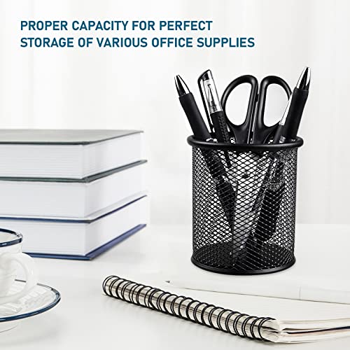 QYH Mesh Pencil Cup for Desk 6 Pack, Black Pen Holder 3.54"x3.93" | Metal Pencil Box, Desk Organizer for Office, School, Home & Business
