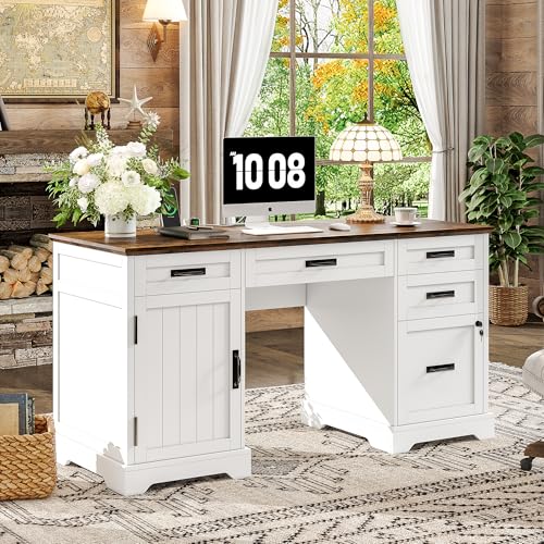 Alohappy 55'' Farmhouse Executive Desk with File Cabinet, Home Office Wood Computer Desk with Drawers and Power Outlets, White - color: White, size: 55''