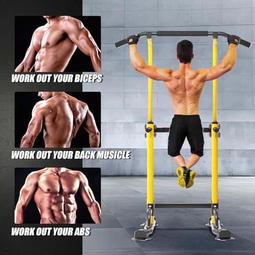 soges Power Tower Pull Up Bar Station, Free Standing Pull Up Rack Dip Station for Home Gym, Height Adjustable Home Strength Training Fitness Workout Equipment - color: Yellow