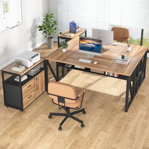 Tribesigns 63" Executive Desk with Reversible File Cabinet, Large L-Shaped Office Desk with Drawers, Business Furniture Workstation for Home Office - color: Walnut