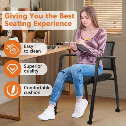 CLATINA Stacking Office Chair with Wheels, Mesh Back Waiting Room Guest Chairs with Arms Comfortable Leather Cushion Stackable Desk Chair for Conference Reception School, Black, 8 PK