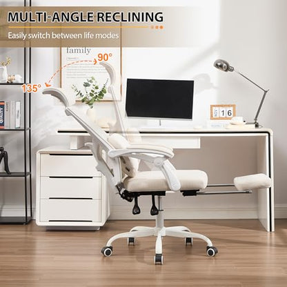 Qulomvs Ergonomic Office Chair with Massage&Heated Lumbar Support, Kneading Massage Office Chair with Foot Rest, Reclining Home Office Desk Chair Adjustable Mesh Computer Desk Chair with Wheels - color: Beige With Massager