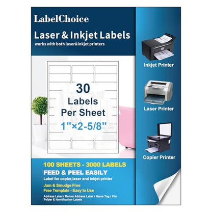 100 Sheets 3000 Pcs 30-up 1" x 2-5/8" Shipping Address FBA Labels for Laser & Inkjet Printers, 30 Up Labels 1 x 2-5/8 on US Letter,30 per Sheet Return Address Stickers, 30 per Page - size: 1x2-5/8-100P