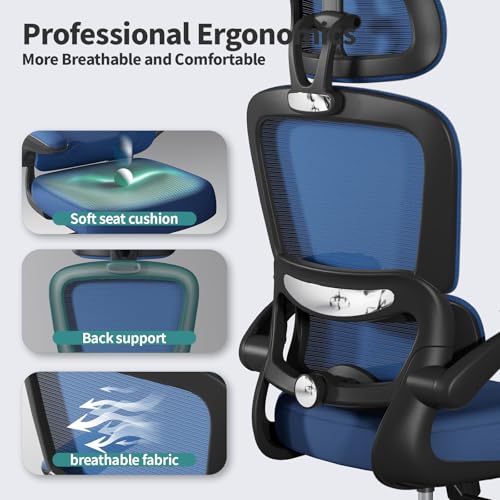 TRALT Office Chair Ergonomic Desk Chair - Gaming Chair with Lumbar Support | 330 LBS Home Office Desk Chairs with Headrest, Reading Chair with Flip-up Armrests, Comfortable Computer Chairs (1, Blue) - color: Dark Blue