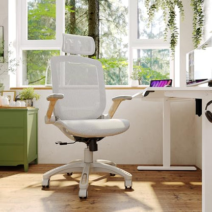 GABRYLLY Ergonomic Office Chair, High Back Home Desk Chair with Flip-Up Arms, Headrest, 90-120° Tilt and Wide Cushion, 300LBS White Mesh Chair for Work Gaming Study (GY01-NT, Woodgrain Pattern) - color: White Frame Moon Grey Mesh