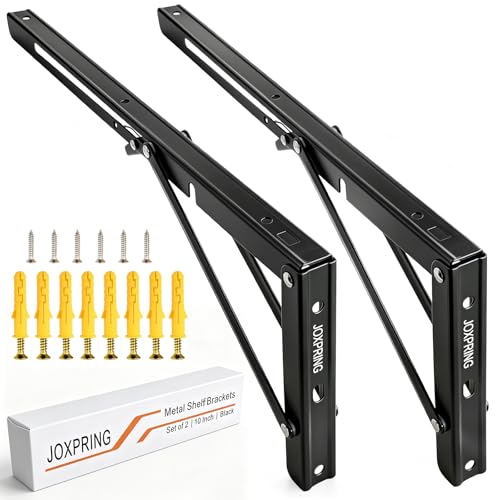 16 Inch Folding Shelf Brackets, Heavy Duty Metal Shelf Bracket Pair, Space Saving Fold Down Bracket for Wall Mounted Table, Garage, Kitchen, Laundry Room, Black, 2 Pack - size: 16 Inch