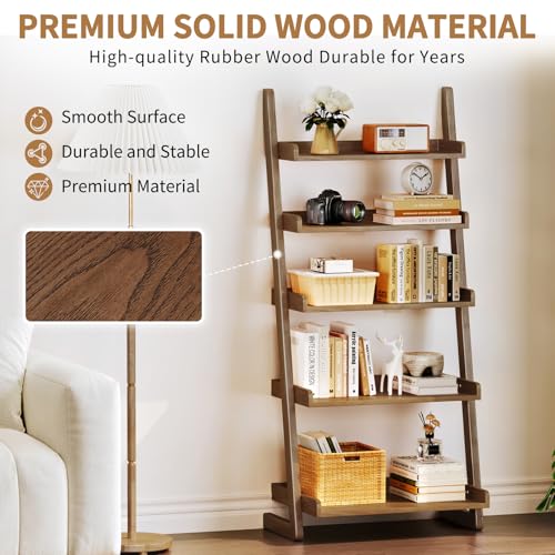 Uniclinens Walnut Wooden Ladder Shelf, 5-Tier Ladder Shelf Bookcase, Ladder Bookshelf for Compact Spaces, Solid Wood Bookshelf for Living Room, Bedroom, Home Office,(23.6''Dx15.7''Wx55.1''H)