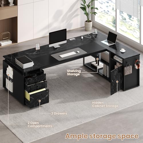 78" Executive Desk with Lockable File Cabinet, L Shaped Office Desk with Power Outlets, Large Executive Desk with Drawers and Storage Shelves, Reversible Computer Desk, Marble Grain - color: Marble Grain