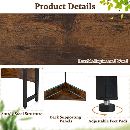 Corner Desk with Charging Station & USB Port, 90-Degree Triangle Computer Workstation w/Storage Shelf, Metal Frame, Space-Saving Laptop PC Desk for Small Space, Home Office (Rustic Brown)