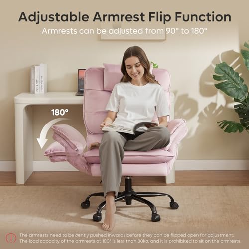 Bestier Criss Cross Chair with Flip-Up Armrests and Headrest, Pink Velvet | 135° Reclining Swivel Executive Chair with Side Pockets, Big and Tall Computer Desk Chair for Home Office Bedroom - color: Pink Velvet, size: High Back