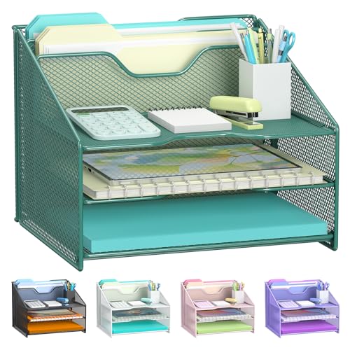 Samstar Green Desk File Organizer, Mesh Letter File Folder Holder with 3 Paper Trays and 2 Vertical Upright Section, for Office Supplies, Desk Accessories & Workspace, Green - color: Green